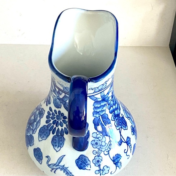 Asian Blue and White Floral Porcelain Pitcher - Picture 4 of 8
